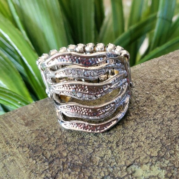 Silver Tone & Rhinestone Jewels Stretch Band Ring Stack Look  💥3 for $24💥 - Picture 1 of 14